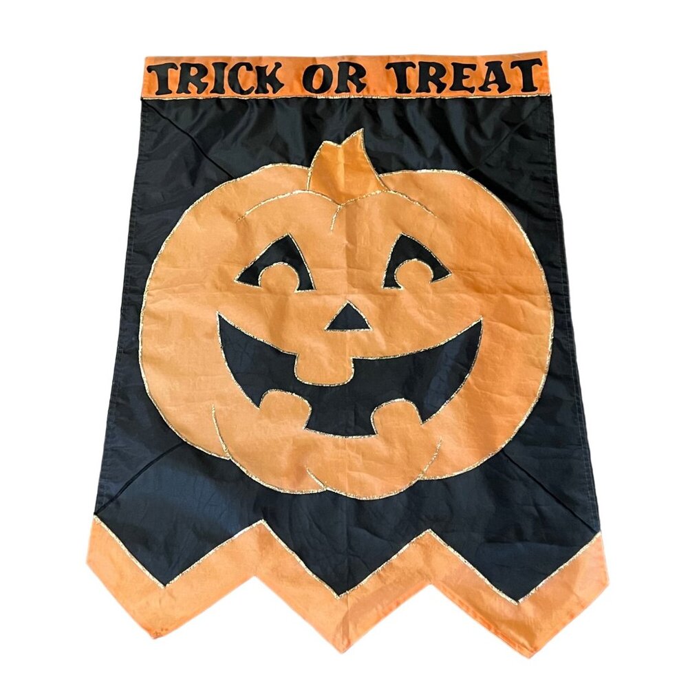 Halloween Trick or Treat Outdoor Garden Flag Thick Nylon Jack O Lantern Black